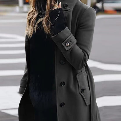 Women's Slim Fit Stand Collar Woolen Cardigan Coat
