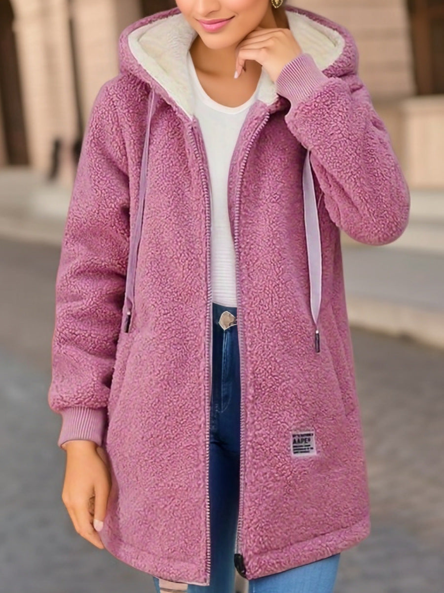 Winter Fleece Hooded Jacket Fashion Casual Zip-up Pockets Long Sweatshirt Warm Commuter Women's Clothing