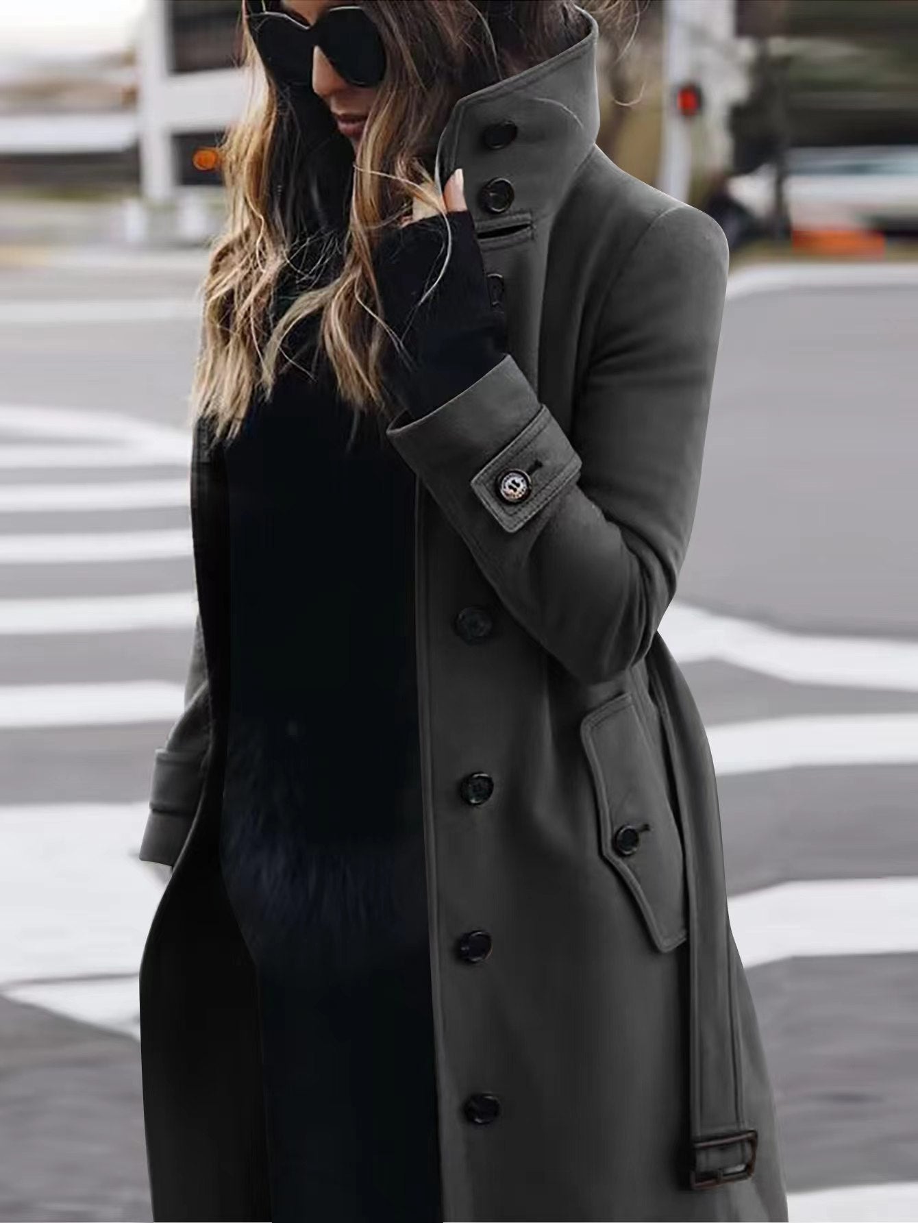 Women's Slim Fit Stand Collar Woolen Cardigan Coat