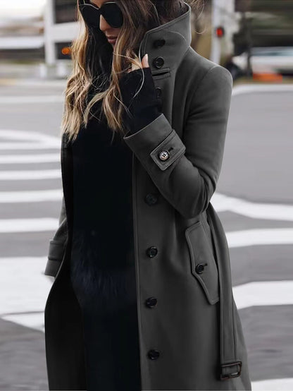 Women's Slim Fit Stand Collar Woolen Cardigan Coat