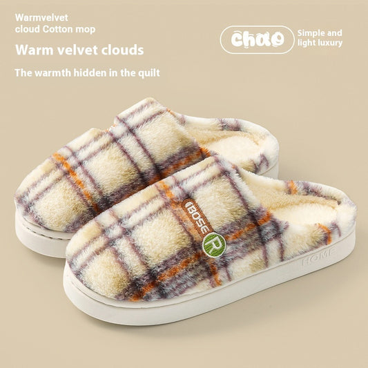 Women's Plaid Plush Cotton Shoes — Warm Non-slip Home Slippers