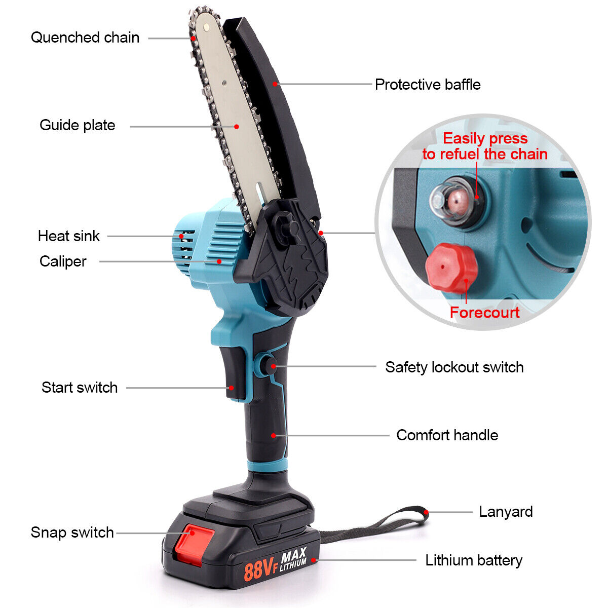 8-Inch Cordless Chainsaw 2 Batteries 21V Li-ion Battery And Charger