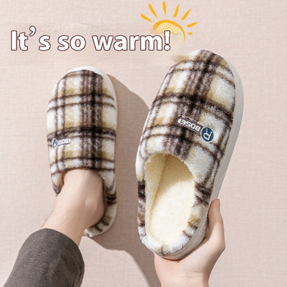 Women's Plaid Plush Cotton Shoes — Warm Non-slip Home Slippers