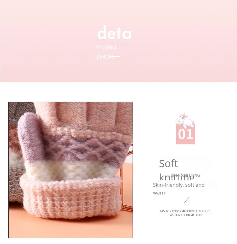 Autumn and Winter Children's Warm Gloves 3-8 Year Old Boys and Girls Thickened Striped Knitted Full Finger Gloves