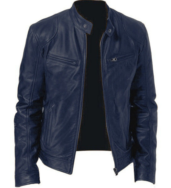 Men's PU Leather Zip-up Cardigan Jacket — Stand Collar