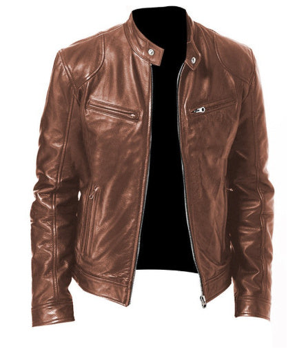 Men's PU Leather Zip-up Cardigan Jacket — Stand Collar