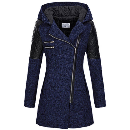 Women Warm Slim Full Zipper Coat Thick Woolen Coat Female Fall Winter Windbreaker Hooded Diagonal Zipper Women's Clothing