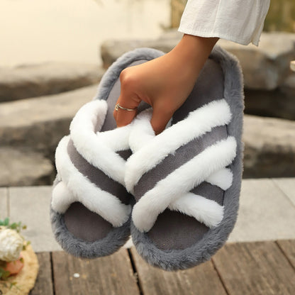 Fluffy Cross-strap Platform Slippers — Warm Casual Indoor Shoes