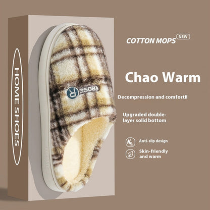Women's Plaid Plush Cotton Shoes — Warm Non-slip Home Slippers