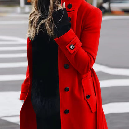 Women's Slim Fit Stand Collar Woolen Cardigan Coat