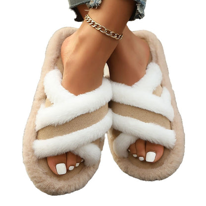 Fluffy Cross-strap Platform Slippers — Warm Casual Indoor Shoes