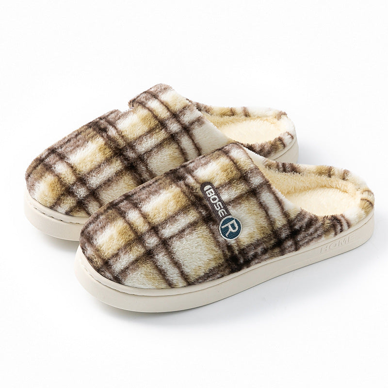 Women's Plaid Plush Cotton Shoes — Warm Non-slip Home Slippers