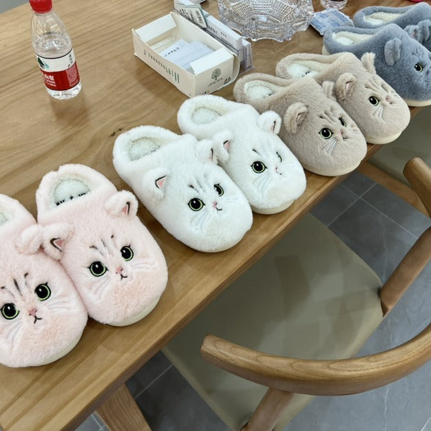 Cute Cat Plush Slippers — Non-slip Couple House Shoes