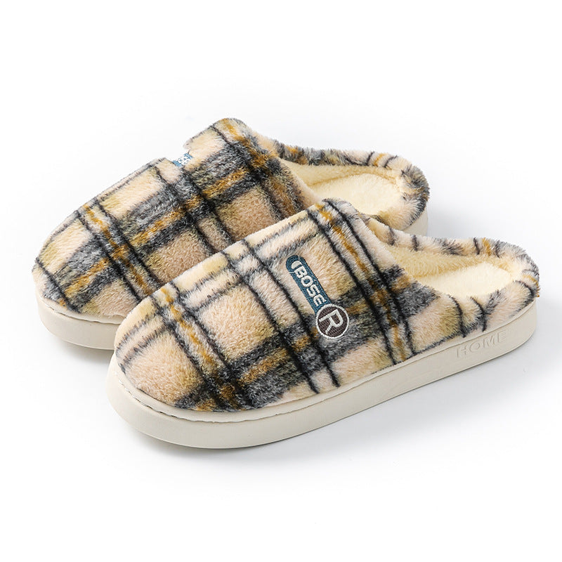 Women's Plaid Plush Cotton Shoes — Warm Non-slip Home Slippers