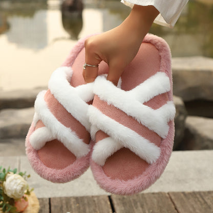 Fluffy Cross-strap Platform Slippers — Warm Casual Indoor Shoes