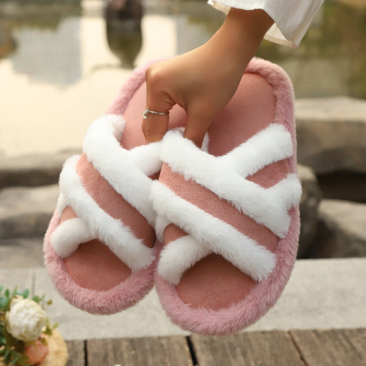 Fluffy Cross-strap Platform Slippers — Warm Casual Indoor Shoes