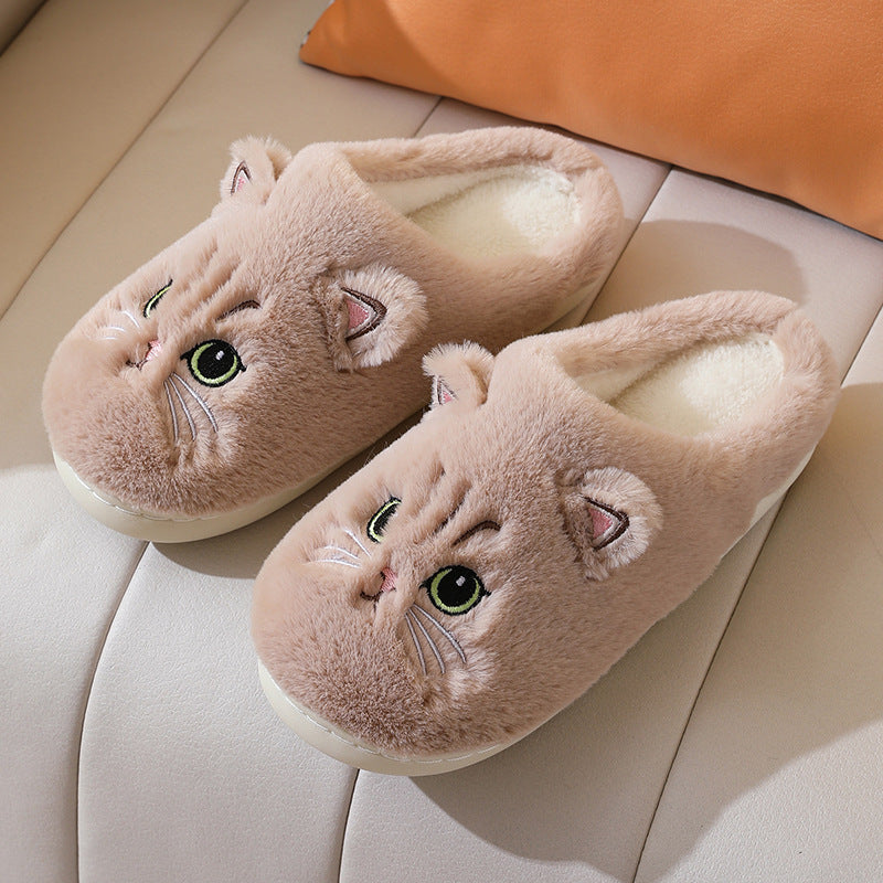 Cute Cat Plush Slippers — Non-slip Couple House Shoes