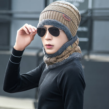 2 Pcs Plus 1 Pair Winter Beanie Set - Men's Warm Knitted Accessories - Snow Hat, Scarf, and Gloves Combo for Cold Weather