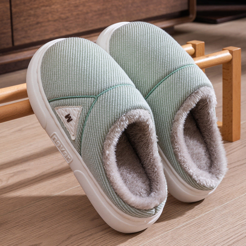 Solid Striped Fleece Slippers — Warm Couple House Shoes