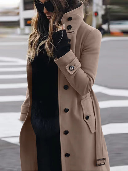 Women's Slim Fit Stand Collar Woolen Cardigan Coat