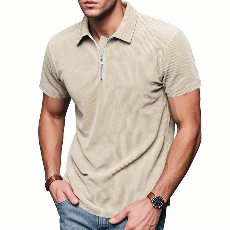 Mens Loose Corduroy Half-Zip Polo Short-Sleeve T-Shirt